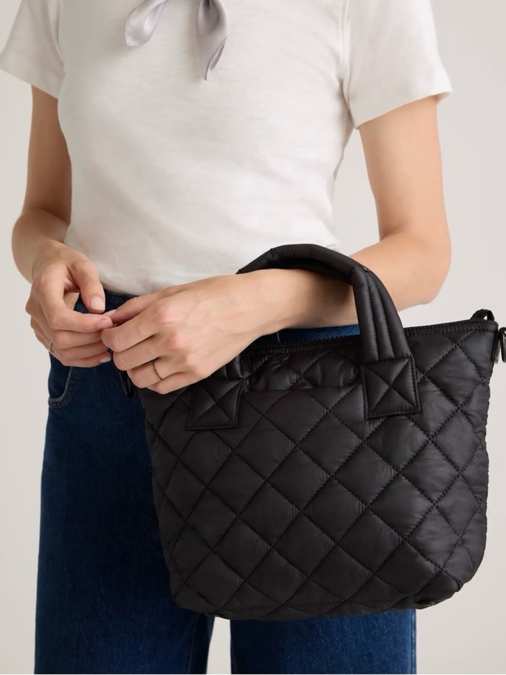 Quince Transit Quilted Small Crossbody Black Tote with Detachable Strap - Picture 10 of 10